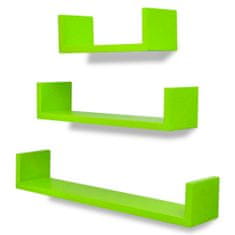 Vidaxl 3 zelené plávajúce nástenné police z MDF v tvare písmena U