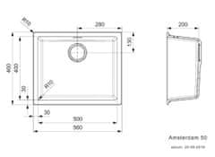 Kuchyňský granitový dřez Amsterdam 560 bez odkapu. Barvy: černá, bílá, šedá, caffe - Black metalic (silvery)