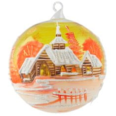 Decor By Glassor Vianočná guľa oranžová s maľovanou chalúpkou