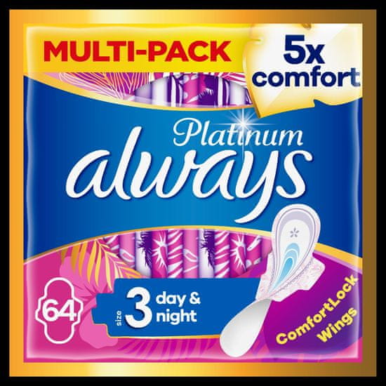 Always Platinum Day & Night (Veľkosť 3) Hygienické Vložky krídelkami 64 Ks 