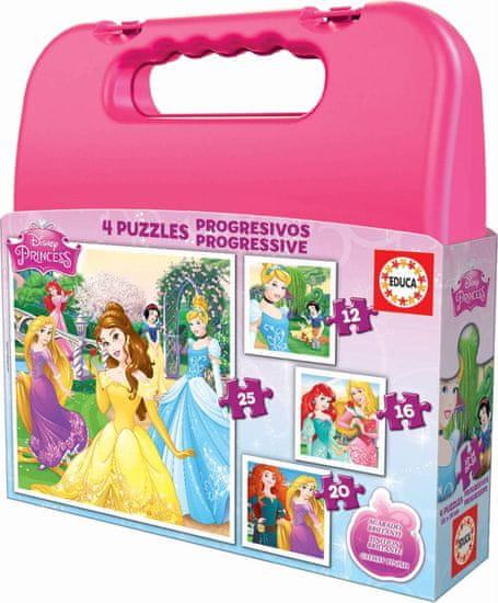 EDUCA Puzzle v kufríku Disney princeznej 4v1 (12,16,20,25 dielikov)