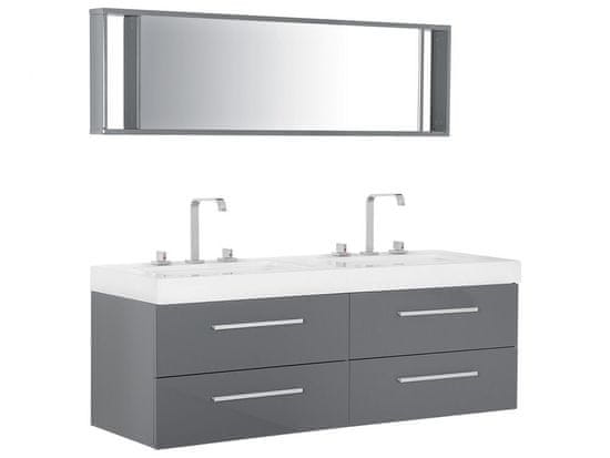 Beliani Zostava kúpeľňového nábytku s dvojitým umývadlom so 4 zásuvkami a zrkadlom sivá MALAGA