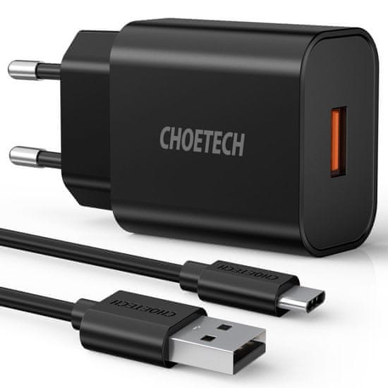 Choetech Q5003 sieťová nabíjačka QC 18W 3A + kábel USB / USB-C, čierny