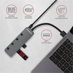 AXAGON switch hub USB-A 3.2 Gen1 - 4xUSB-A, 5Gbit/s, přepínací, 20cm, šedá