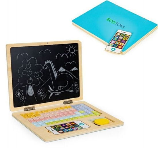 EcoToys Drevený notebook s magnetickým monitorom - modrý