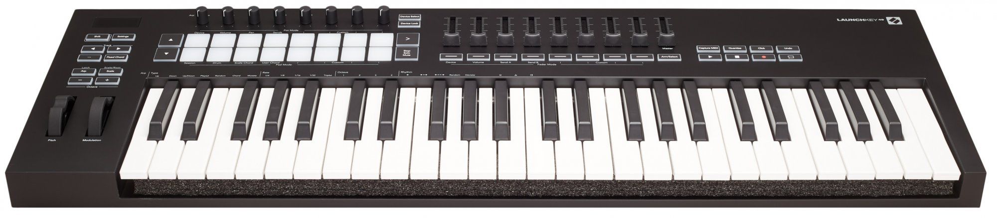  moderný midi kontroler novation launchkey usb pripojenie arpeggiator fixed chord mody dotykové pady potenciometre ableton live lite plug n play 