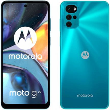 moderný mobilný dotykový telefón smartphone Motorola G22 power 15w nabíjanie 5000 mah batéria 48h výdrž lte wifi Bluetooth 2 sim pamäťová karta NFC platby 6,5palcový displej HD+ Max Vision displej 50mpx fotoaparát IP52 google assistant výkonný procesor kvalitný displej čítačka odtlačkov prstov odomykanie tvárou