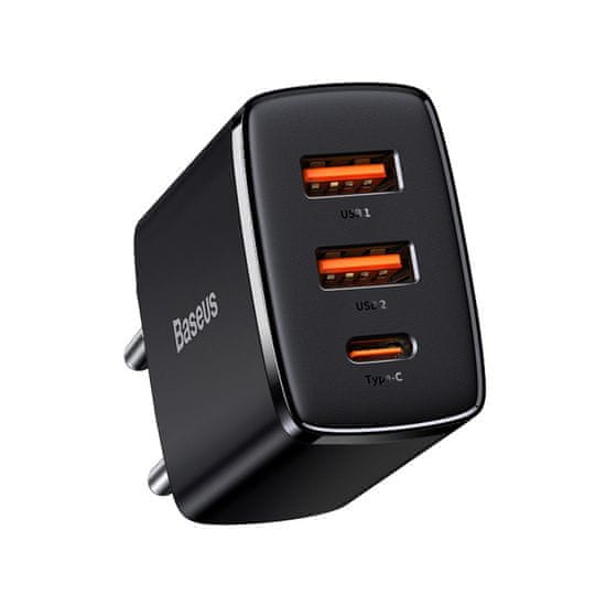 BASEUS Compact sieťová nabíjačka 2x USB / 1x USB-C 3A 30W PD QC, čierna