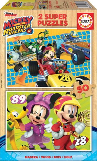 EDUCA Drevené puzzle Mickey, Minnie a pretekári 2x50 dielikov