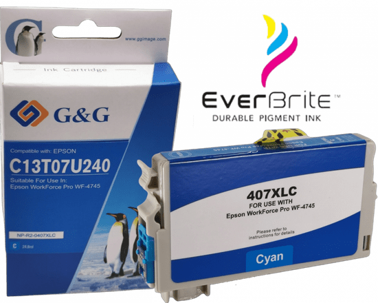 G&G Epson 407XL C Pigment, Epson C13T07U240, Premium patentovaný cartridge, XL 1900 strán s čipom, Azúrová - Cyan