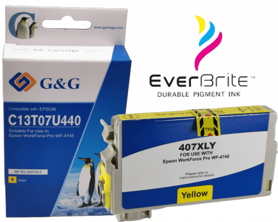 G&G Epson 407XL Y Pigment, C13T07U440, Premium patentovaný cartridge, XL 1900 strán s čipom, Žltá- Yellow