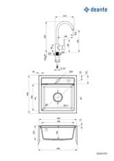 Deante Zorba, granitový drez 440x440x184 mm B/O, 3,5" + priestorovo úsporný sifón, 1-komorový + Nemezja batéria, grafitová, ZQZA2103