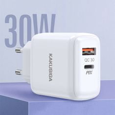 Kaku KSC-670 sieťová nabíjačka USB-C 30W, USB QC + kábel USB-C / Lightning, biela