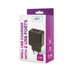 setty. Sieťová USB nabíjačka 2xUSB 2,4A, čierna GSM043803