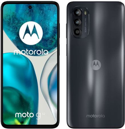 moderný mobilný dotykový telefón smartphone Motorola Moto G52 nabíjanie 5000 mah batéria 48h výdrž dlhá výdrž silná batéria rýchlonabíjanie 30 W rýchle LTE pripojenie lte wifi Bluetooth 2 sim pamäťová karta nfc 6,6-palcový hd plus displej AMOLED displej 50 mpx fotoaparát google assistant ultraširokouhlý fotoaparát makro objektív širokouhlá kamera trojnásobná kamera IP54 stereo reproduktor výkonný dostupný telefón