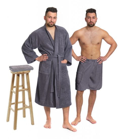 Interkontakt Sada Dark Grey: župan KIMONO + pánsky saunový kilt + osuška