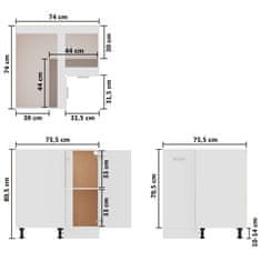 Vidaxl Rohová skrinka, lesklá biela 75,5x75,5x80,5 cm, drevotrieska