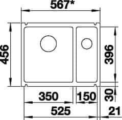 BLANCO SUBLINE 350/150-U 523741 dvojdrez, hlavný drez vľavo žiarivo biela drez pod dosku - Blanco