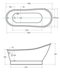 Besco vaňa voľne stojaca z liateho mramoru GLORIA (PAOLA) 1600x680 mm, biela farba VANPAO16W - Besco