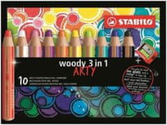 Pastelky STABILO woody 3in1, sada 10 ks v pouzdru s ořezávátkem "ARTY"