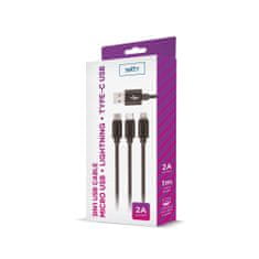 setty. nylonový USB kábel 3v1 microUSB, Lightning, Type-C 1m (GSM043225) čierna