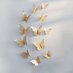 Northix 12ks 3D motýľov z kovu, nástenná dekorácia - zlatá sieť 