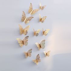 Northix 12ks 3D motýle z kovu, nástenná dekorácia - zlatý list 