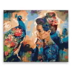 Malujsi Maľovanie podľa čísel - Dievča a páv - 100x80 cm, plátno vypnuté na rám