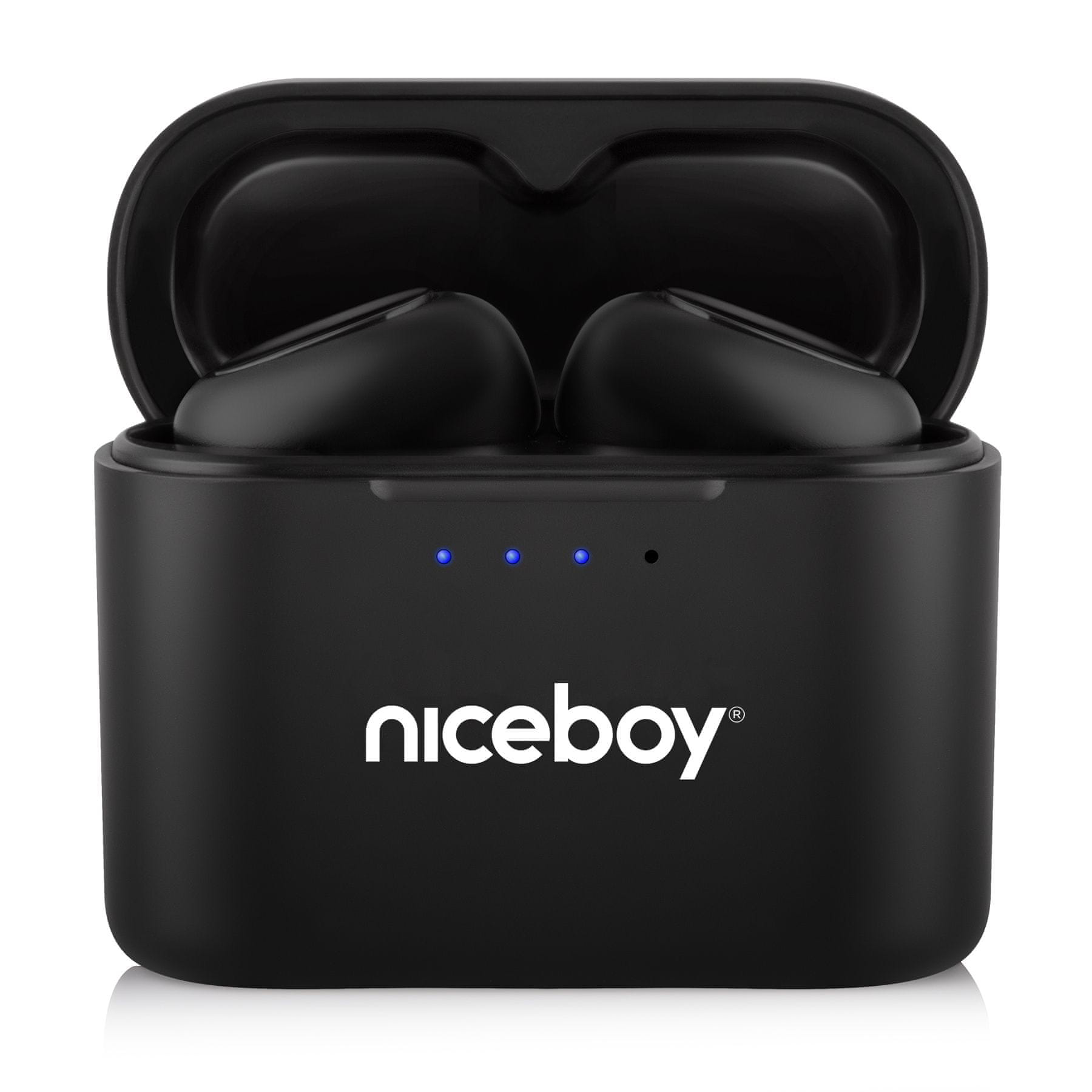 bluetooth 5.1 bezdrátová sluchátka niceboy hive podsie 3 ip54 odolnost vodě prachu potu nabíjecí box usbc nabíjení 8mm výkonné měniče ovládání jediným tlačítkem podpora hlasových asistentů ion mobilní aplikace mikrofon s potlačením hluku z okolí