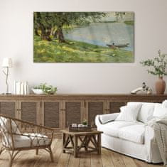 COLORAY.SK Skleneny obraz Maľovanie lodí jazero strom 140x70 cm