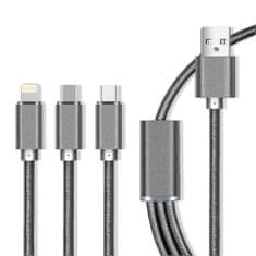 maXlife Nylonový kábel 3v1 Micro USB / Type-C / for iPhone 8-PIN Fast Charge 2.1A, sivý