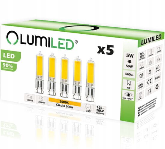 LUMILED 5x LED žiarovka COB G9 CAPSULE 5W = 50W 470lm 3000K Teplá biela 360°