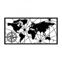 Hanah Home Nástenná kovová dekorácia Mapa sveta kompas 100x50 cm čierna