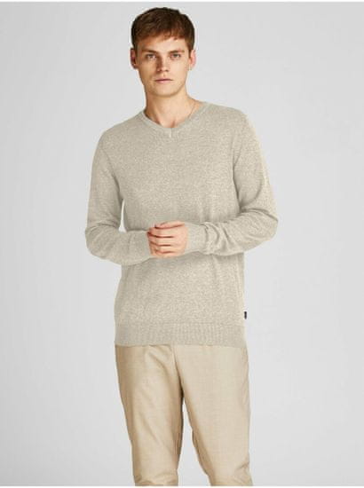 Jack&Jones Béžový pánsky melírovaný basic sveter Jack & Jones Emil