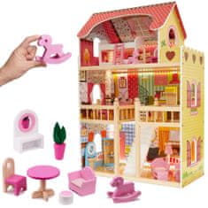 Ikonka Drevený domček pre bábiky + nábytok ružový 90cm LED