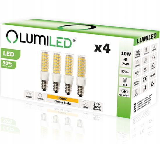 LUMILED 4x LED žiarovka E14 T25 10W = 75W 970lm 3000K Teplá biela 320°