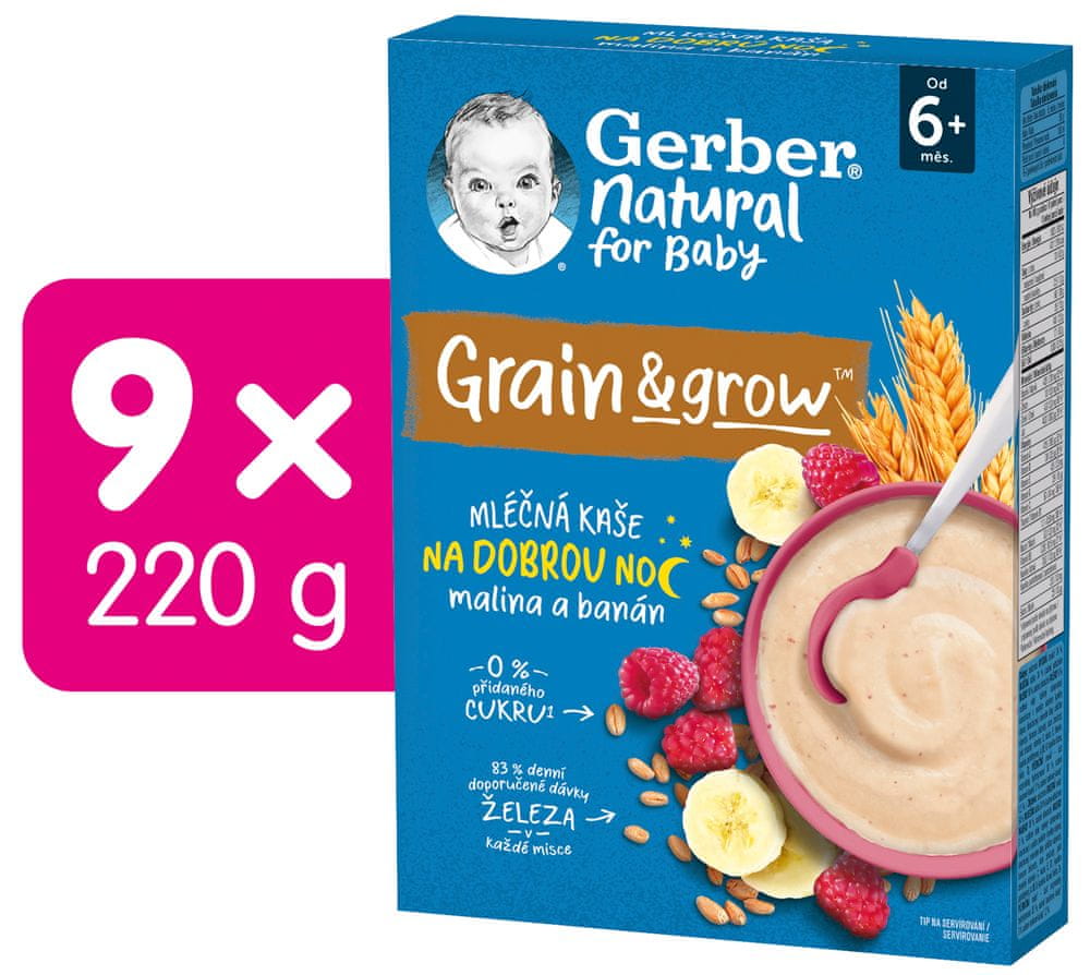 Gerber Natural mliečna kaša pšenično-ovosná malina a banán 9x220 g