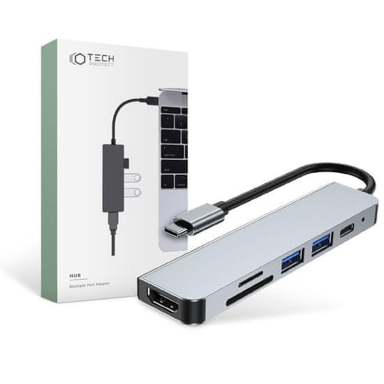 Tech-protect V4 HUB adaptér 2x USB / USB-C / HDMI / SD / Micro SD / TF, sivý