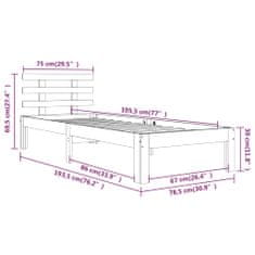 Vidaxl Posteľný rám sivý masívne drevo 75x190 cm 2FT6 malé jednolôžko