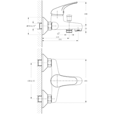 Bruckner , HOFFER nástenná vaňová batéria, rozteč 150mm, chrómová, 424.010.1