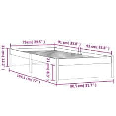 Vidaxl Posteľný rám sivý masívne drevo 75x190 cm 2FT6 malé jednolôžko