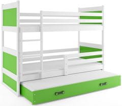 eoshop Detská poschodová posteľ Rico - 3 osoby, 90x200 s výsuvnou prístelkou - Biela, Zelená