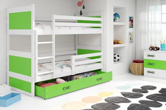 eoshop Detská poschodová posteľ Rico - 2 osoby, 90x200 s úložným priestorom - Biela, Zelená