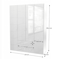 KONDELA Skriňa, 4 - dverová, biela extra vysoký lesk HG, GWEN 70429