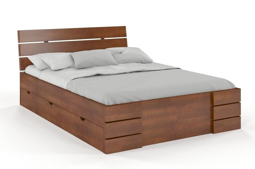 eoshop Drevená posteľ so šuplíkmi Sandemo High Drawers, buk (Rozmer: 180x200 cm, Farba: Orech)