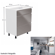 KONDELA Spodná skrinka, biela / šedá extra vysoký lesk, ľavá, AURORA D60S3