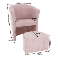 KONDELA Klubové kreslo s taburetom, púdrová ružová, ROSE