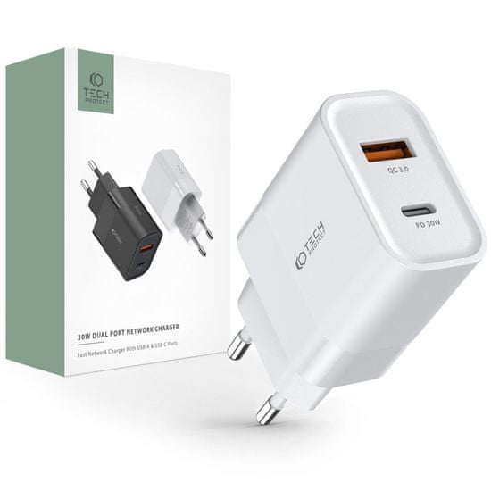 Tech-protect C30W sieťová nabíjačka USB / USB-C 30W PD QC, biela