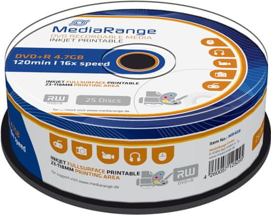 MediaRange DVD+R 4,7GB 16x, Printable, Spindle 25ks