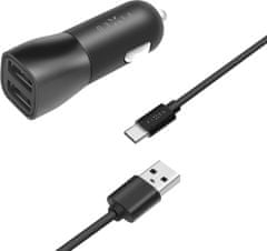 FIXED autonabíječka, 2xUSB, Smart Rapid Charge, 15W + kábel USB - USB-C, 1m, čierna